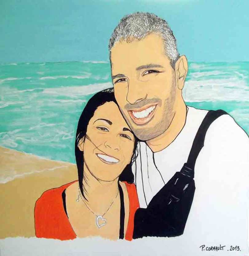 portrait à l'encre, aux feutres et peinture acrylique sur toile (80 cm X 80 cm) image de portrait à l'encre