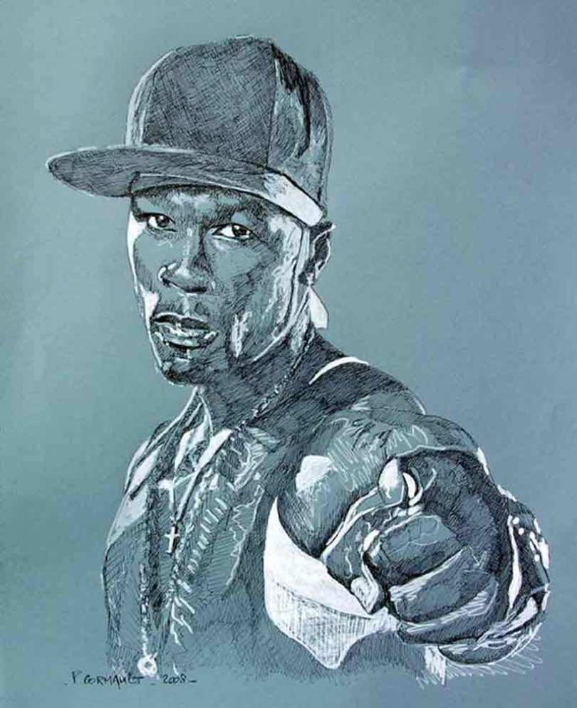50 cents, encre de chine et feutre blanc sur papier mi-teintes format raisin (50 X 65 cm) image de portrait à l'encre