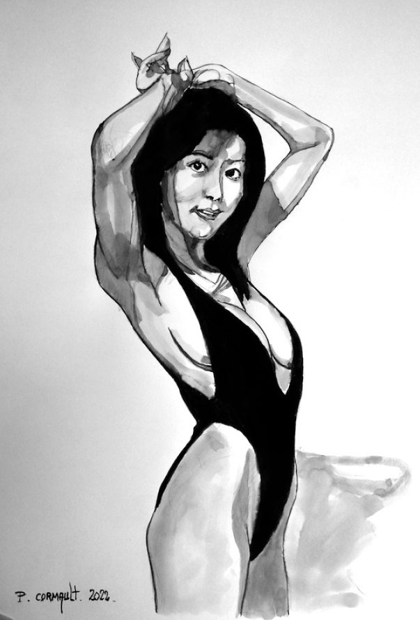China Fukunaga, encre sur papier format demi-raisin (32,5 cm x 50 cm) image de portrait à l'encre