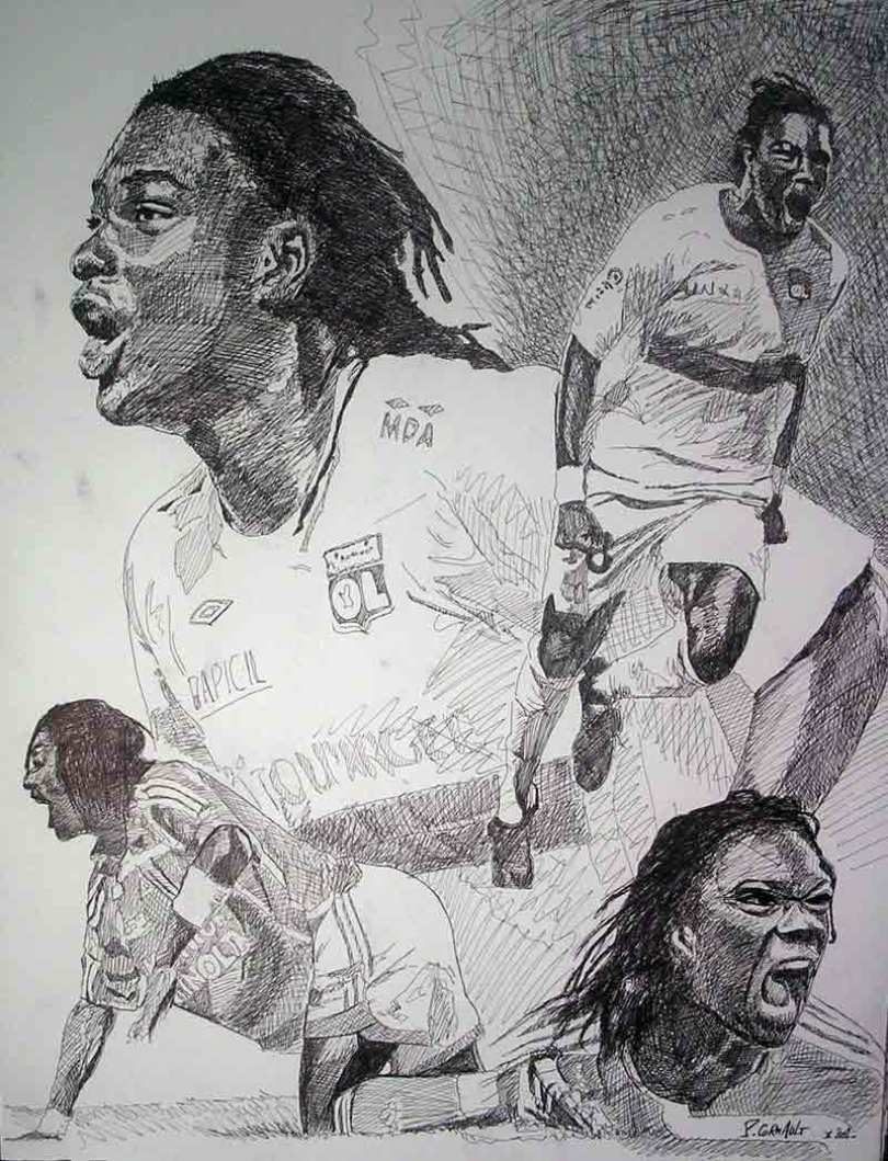 Bafétimbi Gomis, encre de Chine, format raisin (50 cm X 65 cm) image de portrait à l'encre