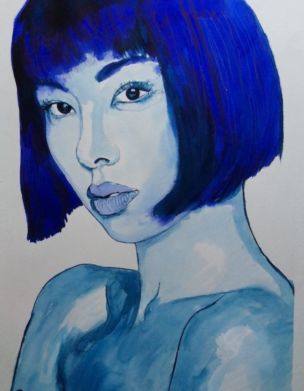 Itsmasu, encre bleue sur papier image de portrait à l'encre